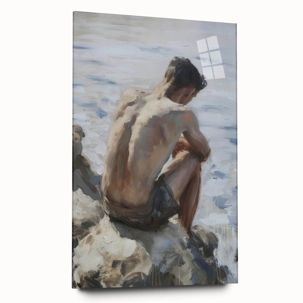 Abstract figurative acrylic artwork displayed on glass, showcasing vibrant colors and fluid shapes, ideal for modern interiors. This unique piece emphasizes contemporary artistic expression and adds a sophisticated touch to any space.