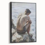 Abstract figurative art canvas framed in black, showcasing vibrant colors and dynamic shapes, perfect for modern home decor, displayed from a side view.