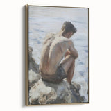 Framed abstract figurative canvas art with a gold frame, showcasing vibrant colors and fluid shapes, ideal for modern home decor and artistic expression.