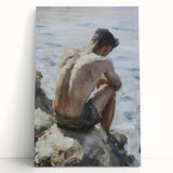 Abstract figurative stretched canvas artwork featuring bold colors and dynamic shapes, leaning against a neutral wall, perfect for modern home decor.