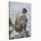 Stretched canvas artwork showcasing an abstract figurative design in vibrant colors, viewed from the side, perfect for modern home decor and artistic expression.