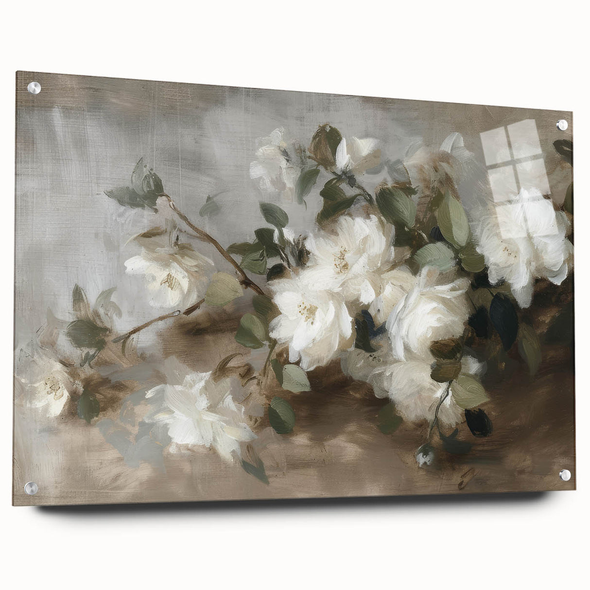 Abstract floral acrylic glass artwork displaying vibrant colors and intricate designs, showcased from a side view with decorative pins. Ideal for modern decor.