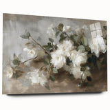 Abstract floral acrylic artwork displayed on a glass panel, showcasing vibrant colors and intricate designs, perfect for modern home decor.