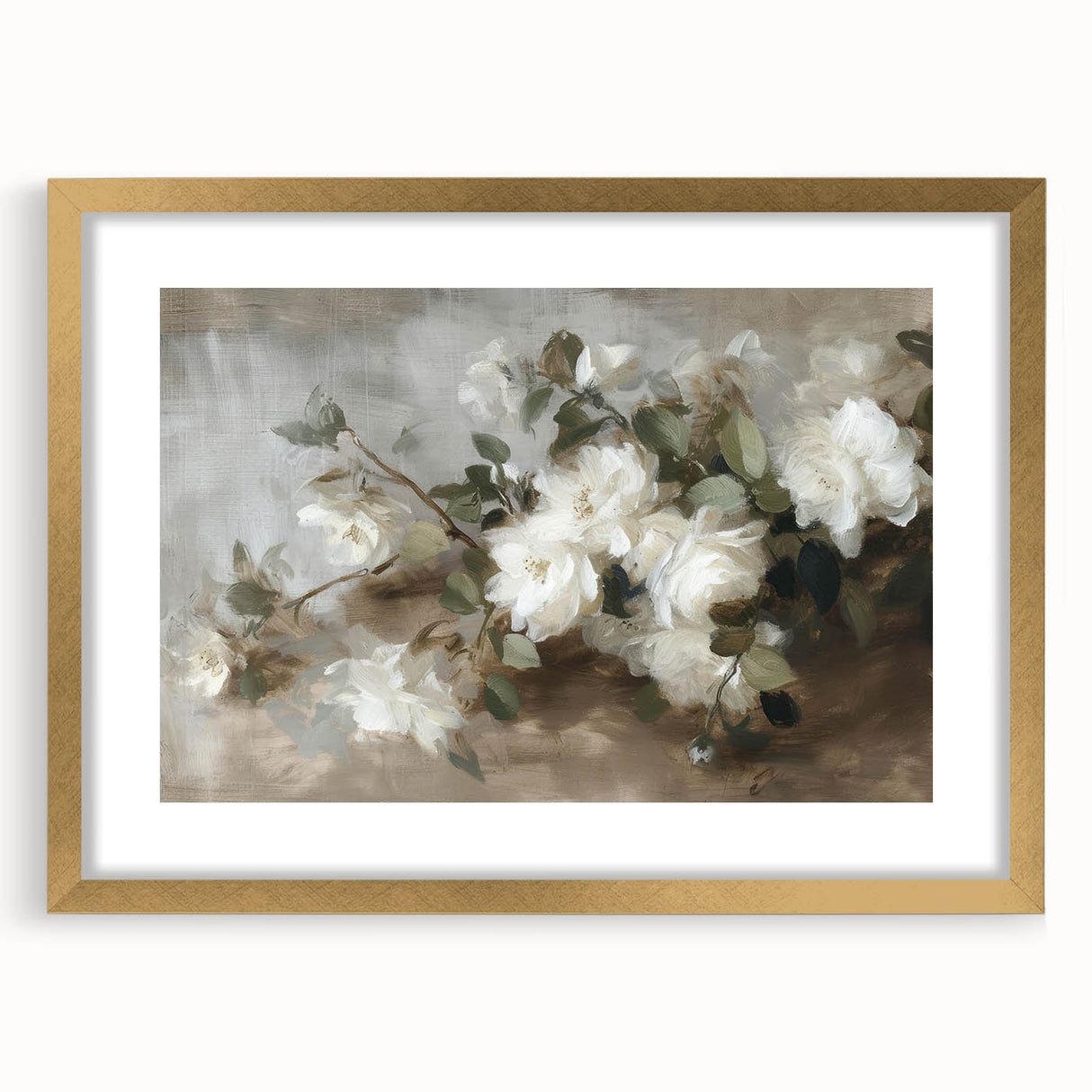Abstract floral artwork framed in gold, showcasing vibrant colors and intricate designs, perfect for home decor enhancement or gallery display.