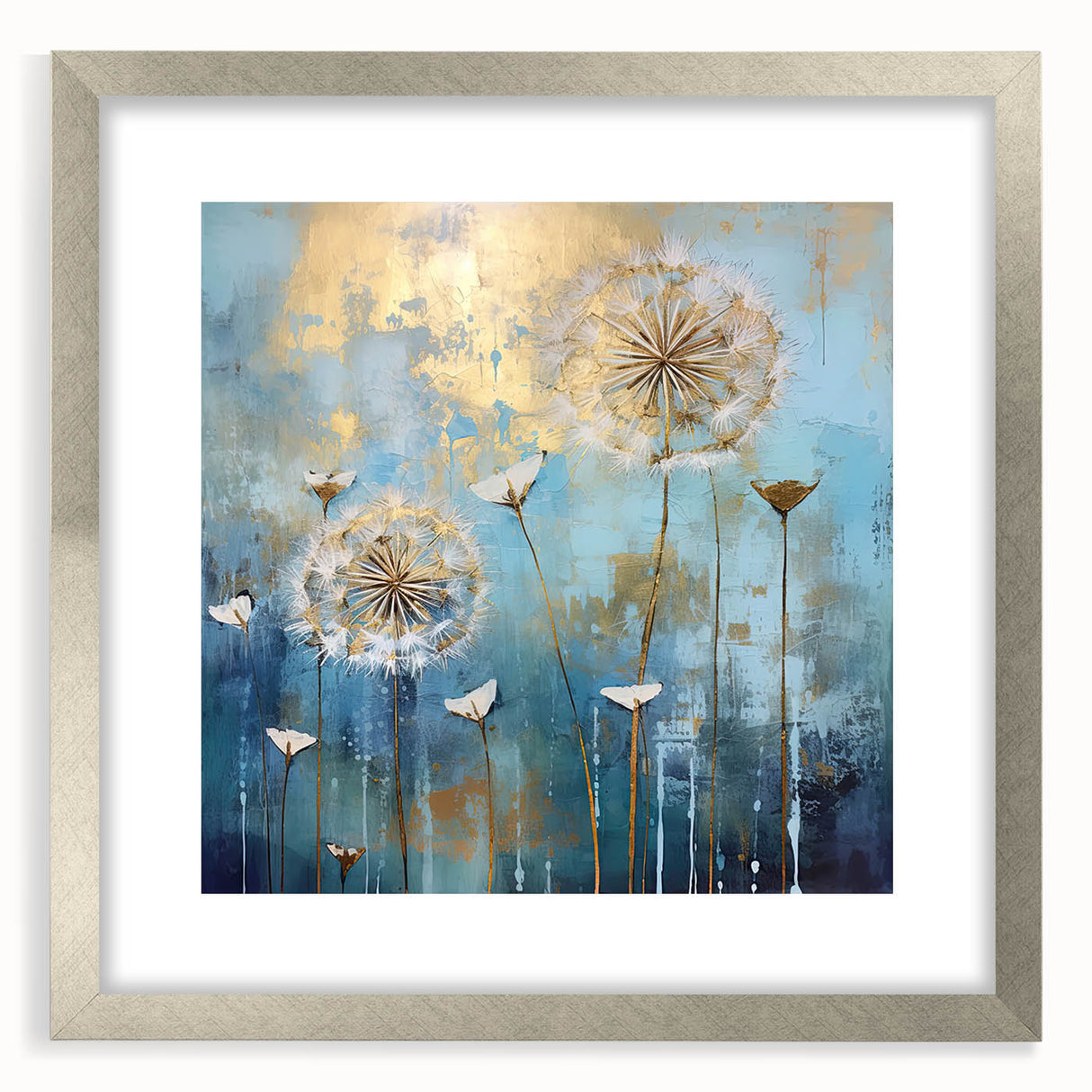 Silver-framed abstract floral artwork with a mat, showcasing vibrant colors and intricate designs, perfect for home decor or modern art enthusiasts.