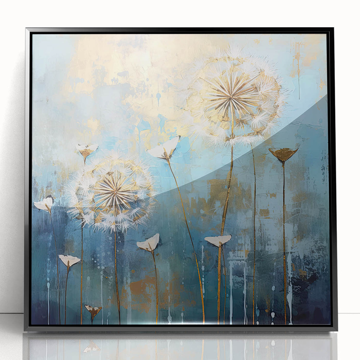 Framed acrylic artwork showcasing a vibrant abstract floral design with bold colors, set against a sleek black frame, perfect for modern home decor.