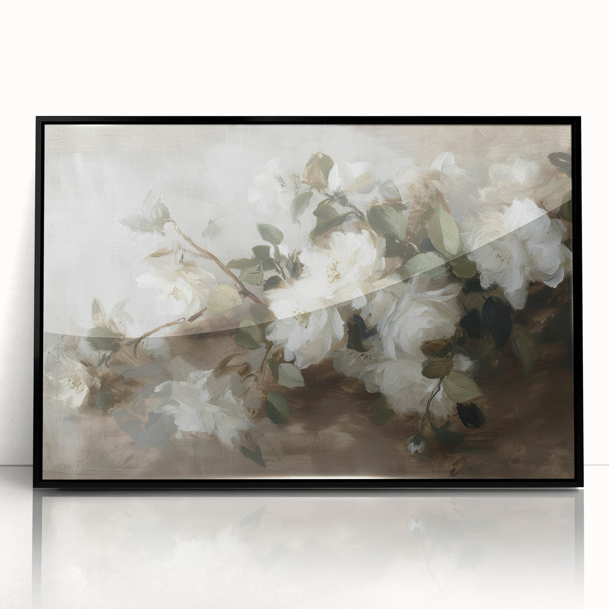 Framed acrylic artwork showcasing vibrant abstract florals in shades of pink, blue, and green, set against a sleek black frame, perfect for modern home decor.