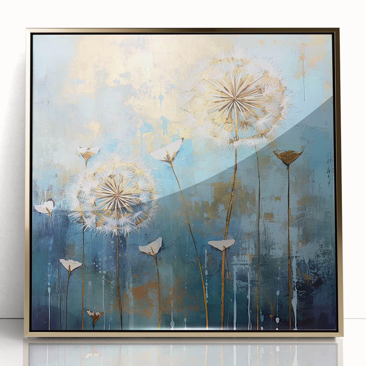 Framed acrylic artwork showcasing an abstract floral design in vibrant colors, featuring a gold frame. Perfect for modern decor and adding elegance to any room.