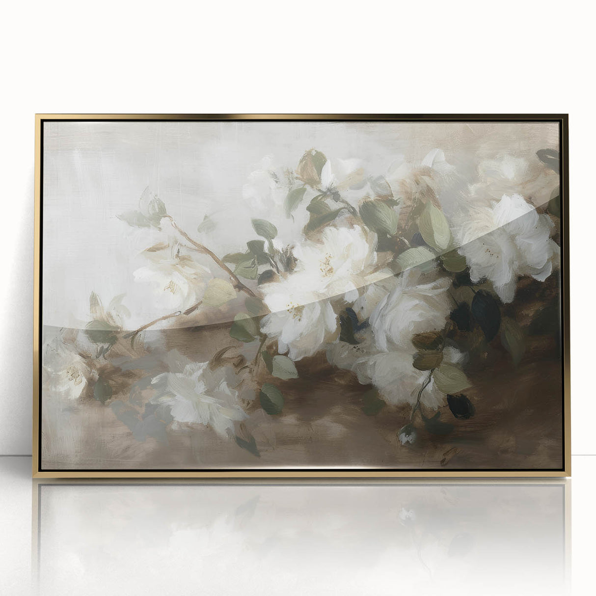 Framed acrylic wall art featuring an abstract floral design in vibrant colors, elegantly set in a gold frame, perfect for modern home decor and artistic expression.