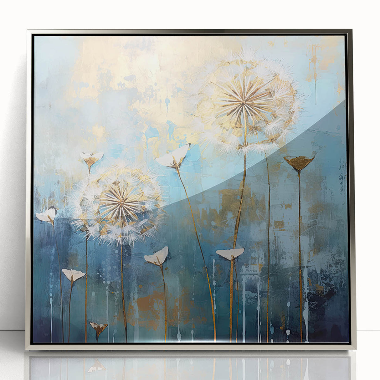Framed acrylic artwork showcasing vibrant abstract floral designs in shades of pink and gold, set in a sleek silver frame, ideal for modern home decor.