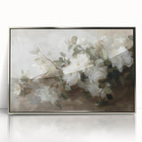 Framed acrylic artwork showcasing an abstract floral design in silver tones, perfect for modern home decor. This elegant piece adds a sophisticated touch to any interior space.
