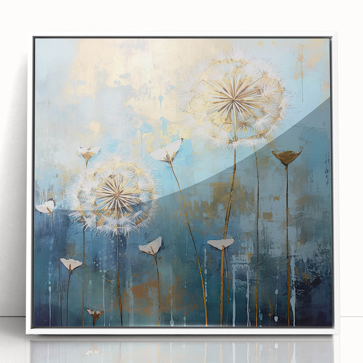 Framed acrylic artwork showcasing an abstract floral design with vibrant colors, set against a sleek white background, perfect for modern home decor.