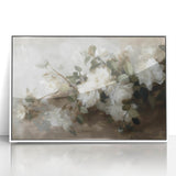 Framed acrylic artwork showcasing vibrant abstract florals in shades of pink, blue, and green, set against a sleek white background, ideal for modern home decor.