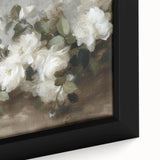 Close-up of a framed canvas showcasing an abstract floral design with vibrant colors, featuring intricate details and textures, perfect for modern decor.