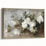 Framed canvas art showcasing an abstract floral design with vibrant colors and gold accents, elegantly displayed from a side view, perfect for modern decor.