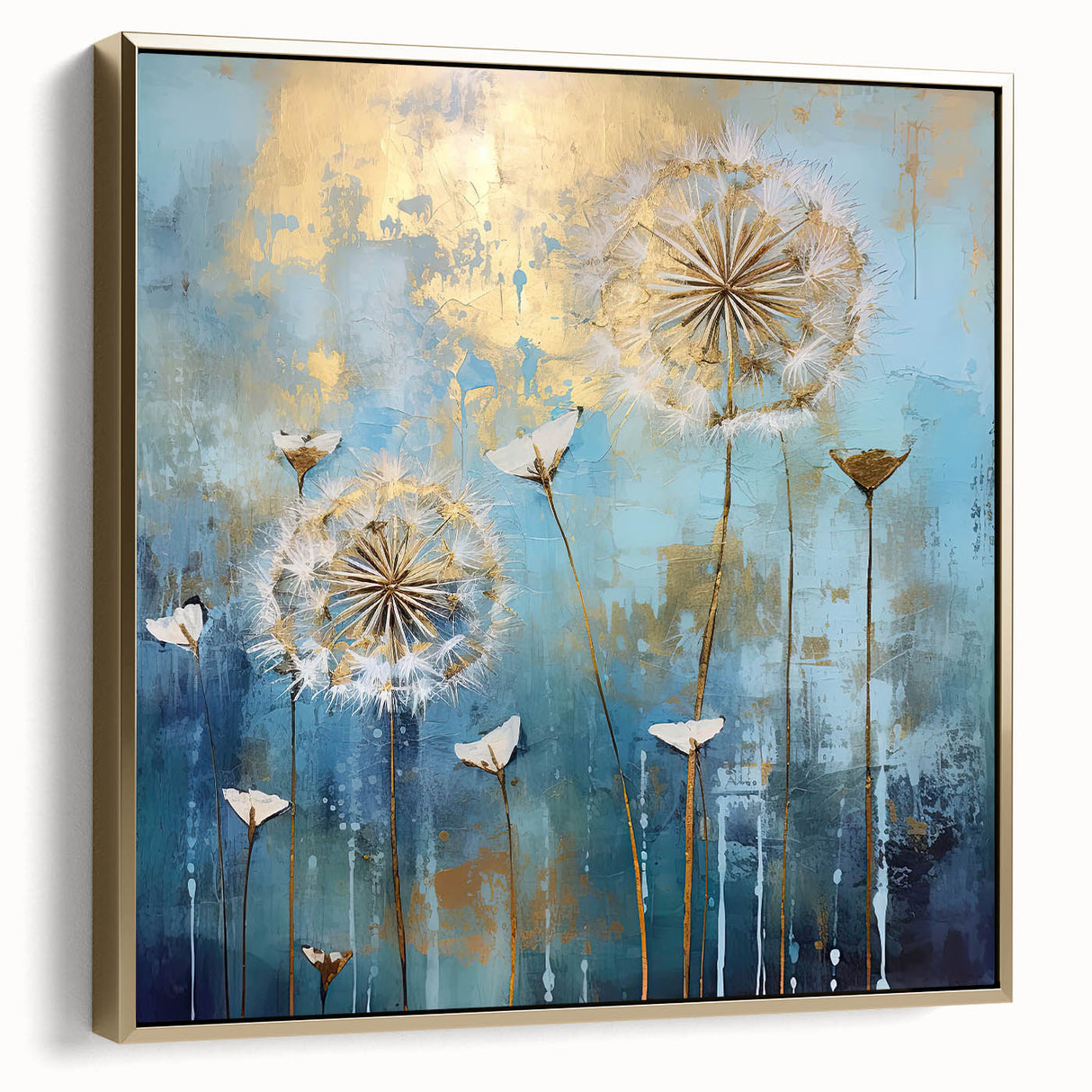Framed canvas artwork showcasing an abstract floral design in silver and gold hues, set against a soft background, ideal for modern home decor.