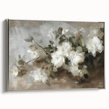 Framed canvas artwork featuring abstract floral designs in vibrant colors, set in a sleek silver frame, perfect for modern home decor.