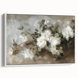 Framed canvas artwork showcasing an abstract floral design in vibrant colors, displayed in a modern white frame, ideal for contemporary home decor accents.