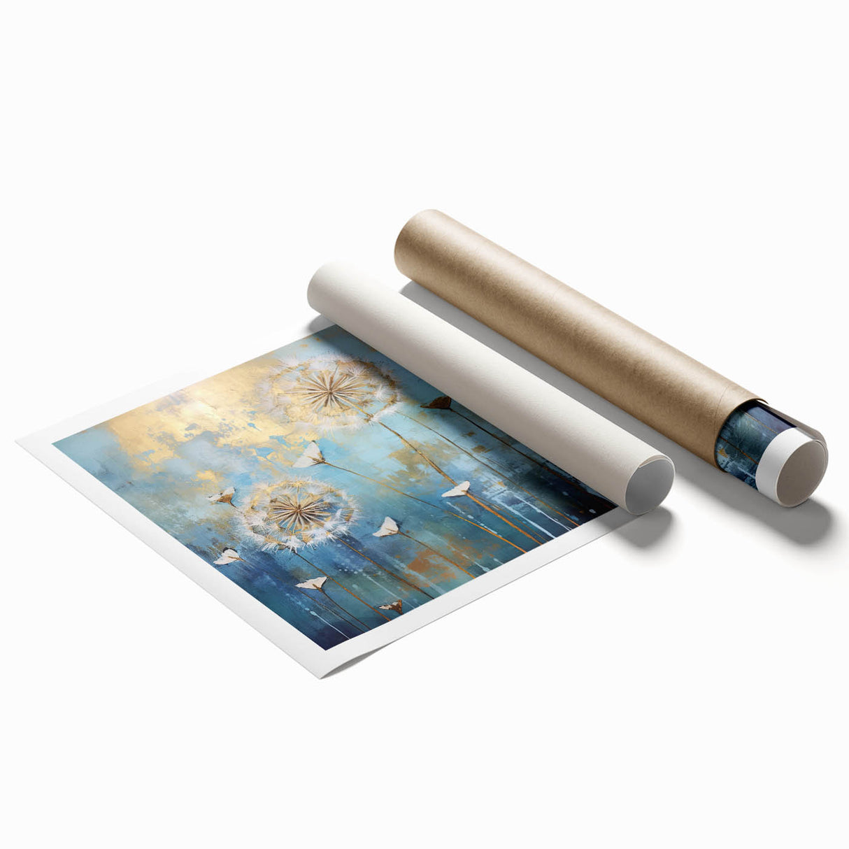 Abstract floral design print in vibrant colors, showcasing swirling patterns and textures, rolled and ready for display in a protective tube, ideal for modern decor.