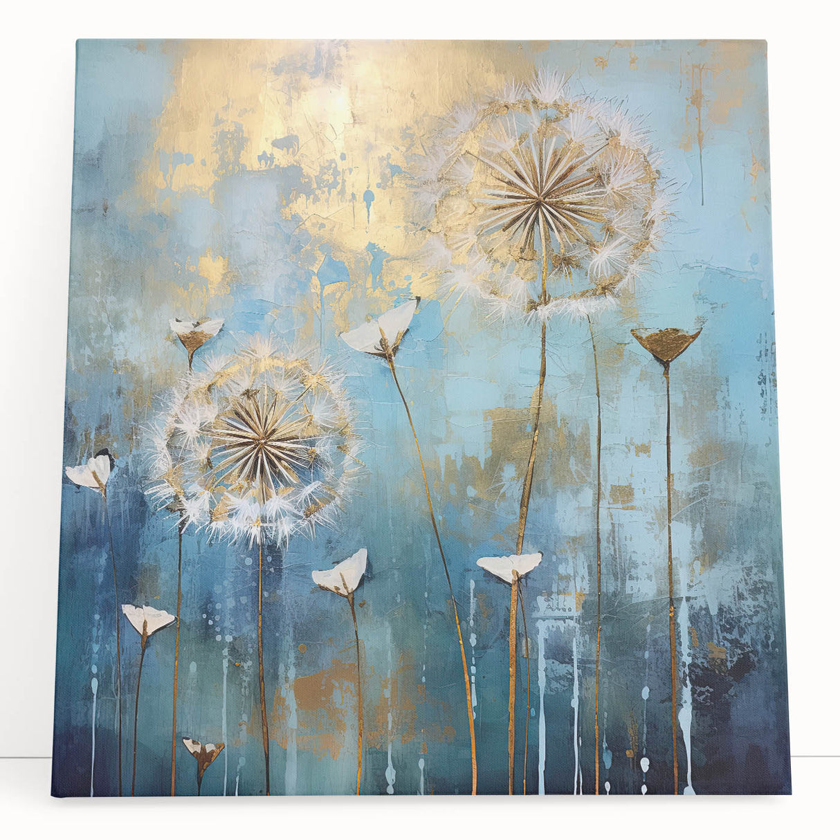 Abstract floral canvas art featuring vibrant colors and intricate patterns, elegantly leaning against a white wall, perfect for modern home decor. Ideal for enhancing interior aesthetics with a touch of nature-inspired design.