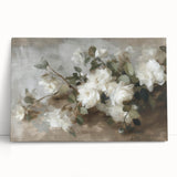 Abstract floral stretched canvas artwork showcasing vibrant colors with a modern design, elegantly leaning against a neutral wall, perfect for contemporary decor.