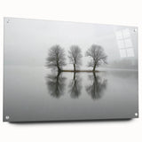 Abstract landscape artwork displayed in a side view, showcasing vibrant colors and intricate details, expertly mounted with pins on a sleek acrylic glass surface, perfect for modern decor.