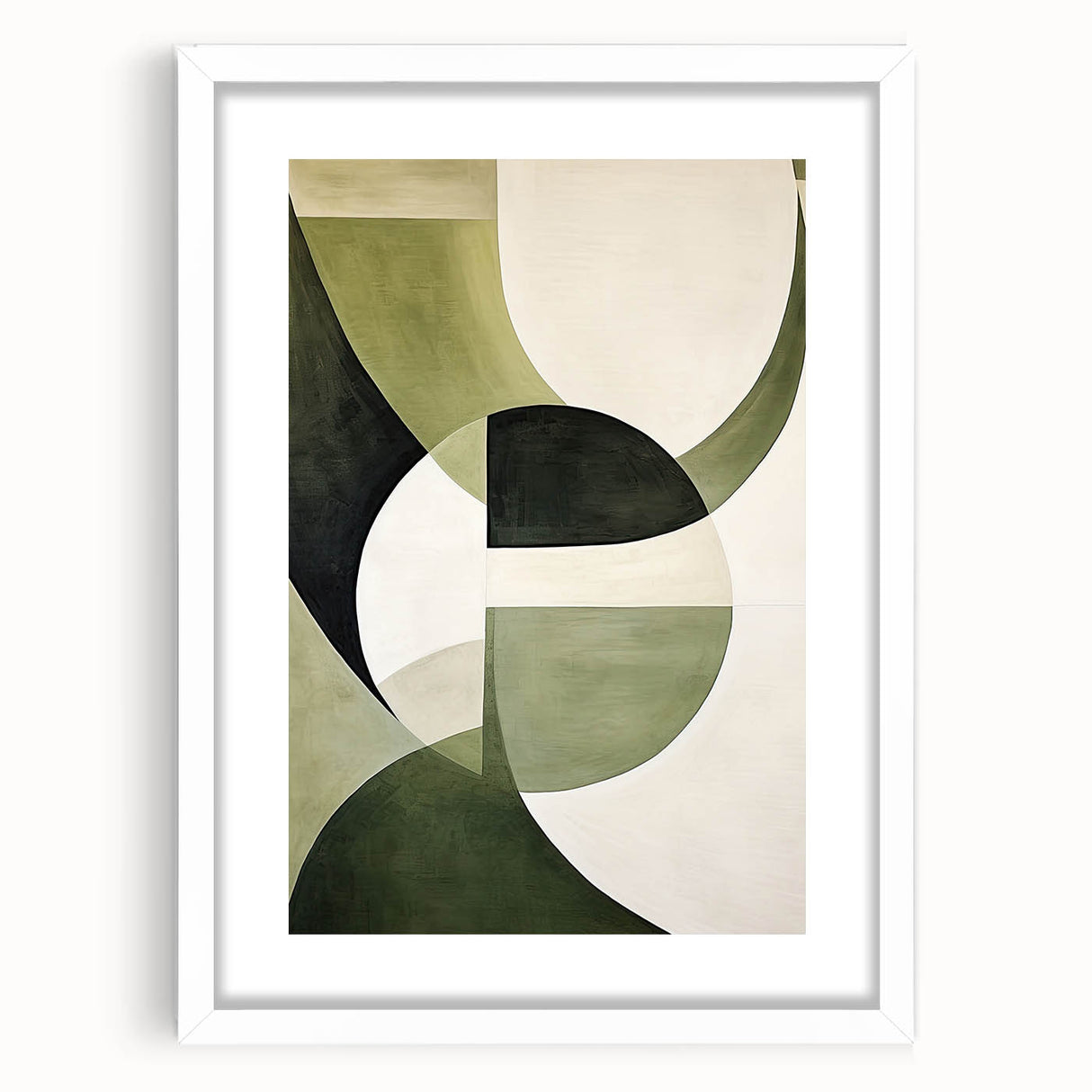 Abstract minimalist wall art framed in white with a mat, showcasing a geometric design in soft colors, perfect for modern home decor or office spaces.