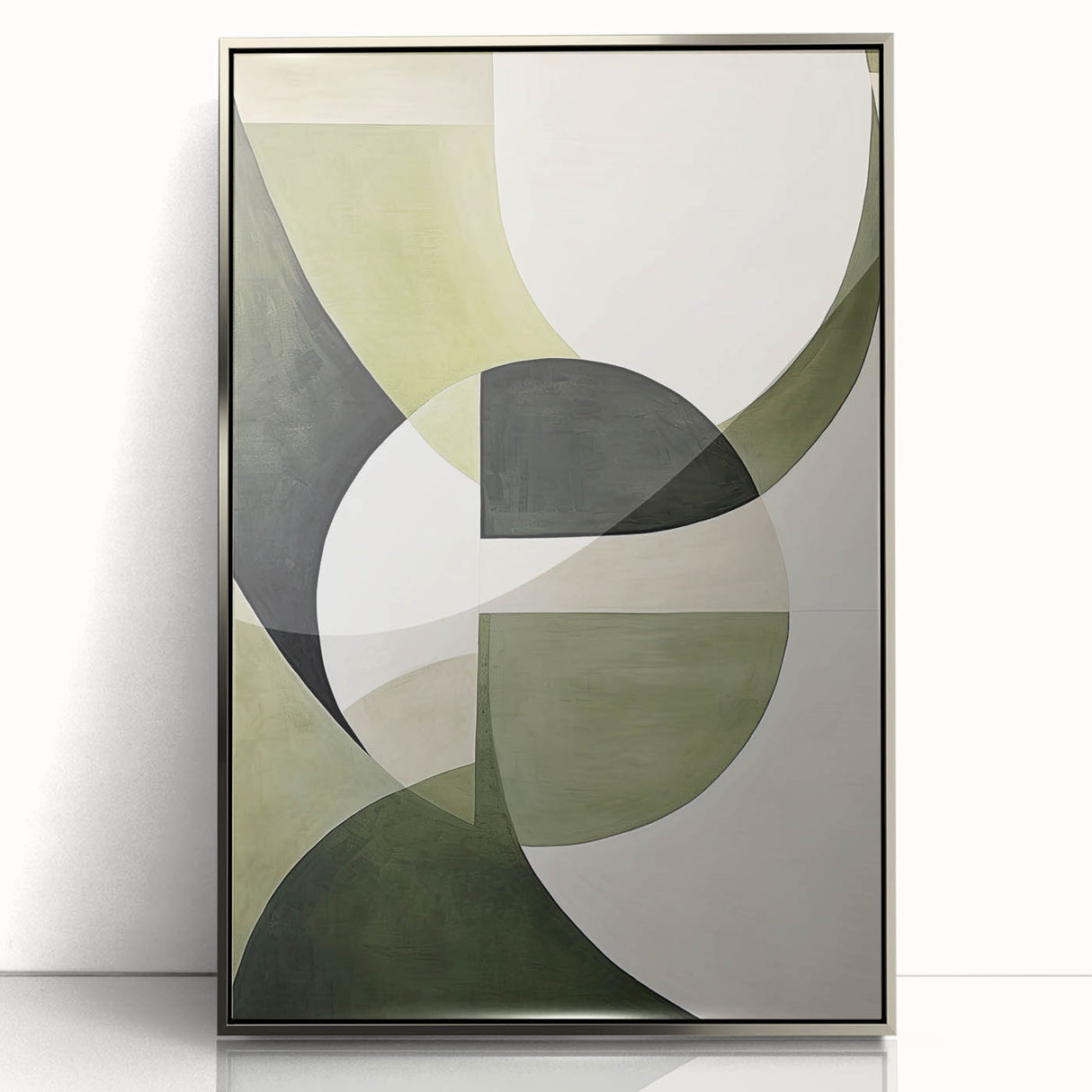 Abstract minimalist wall art featuring a sleek silver frame and an acrylic front, showcasing geometric shapes and soft color gradients, ideal for modern decor.