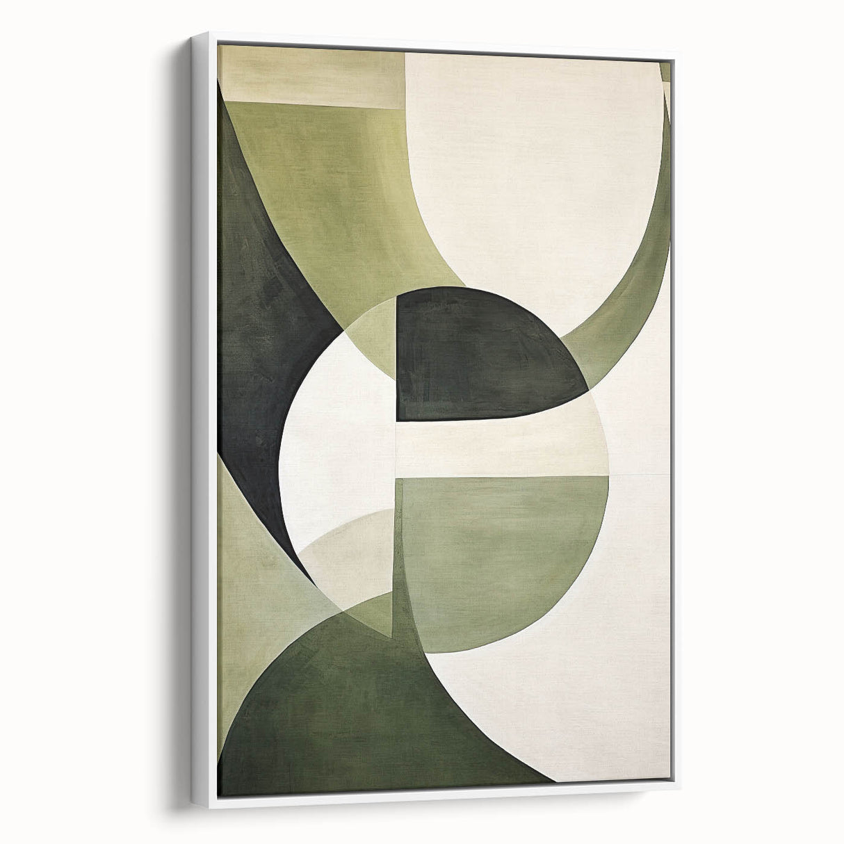 Framed abstract minimalist wall art in a sleek white frame, showcasing soft pastel colors and geometric shapes, perfect for modern home decor.