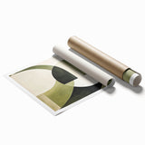Abstract minimalist wall art print featuring soft pastel colors and geometric shapes, elegantly rolled in a protective cardboard tube for seamless display and shipping.