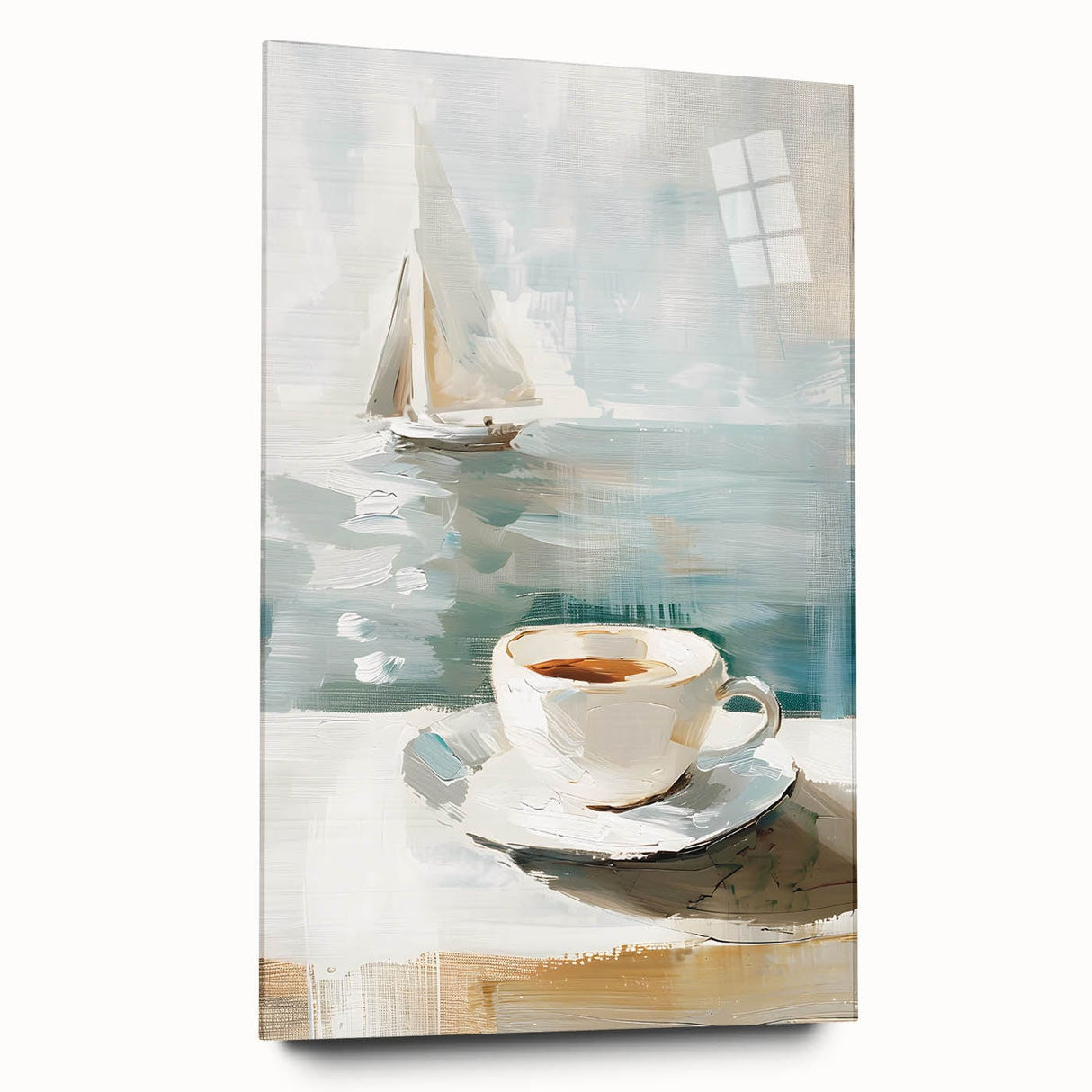 Large abstract wall art on acrylic glass showcasing swirling blue and gray tones, suitable for bedroom or dining room decor.