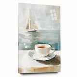 Large abstract wall art on acrylic glass showcasing swirling blue and gray tones, suitable for bedroom or dining room decor.