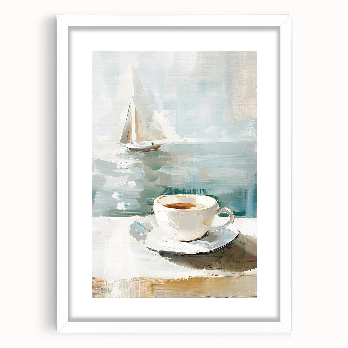 Abstract art print featuring swirling patterns in muted earth tones, framed with a white mat, ideal for dining room decor.