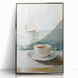 Mid-century modernist art deco poster featuring a vibrant array of food and drinks, framed in silver acrylic.