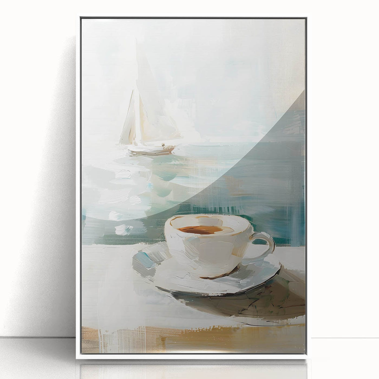 Art deco poster featuring stylized food and drink illustrations in bold colors on a white acrylic framed print.