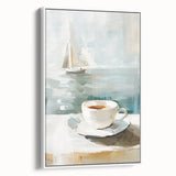 Vintage poster art of assorted beverages in vibrant colors on an extra large white framed canvas.