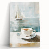 Black and white stretched canvas featuring an oversized coffee cup, ideal for kitchen wall art.