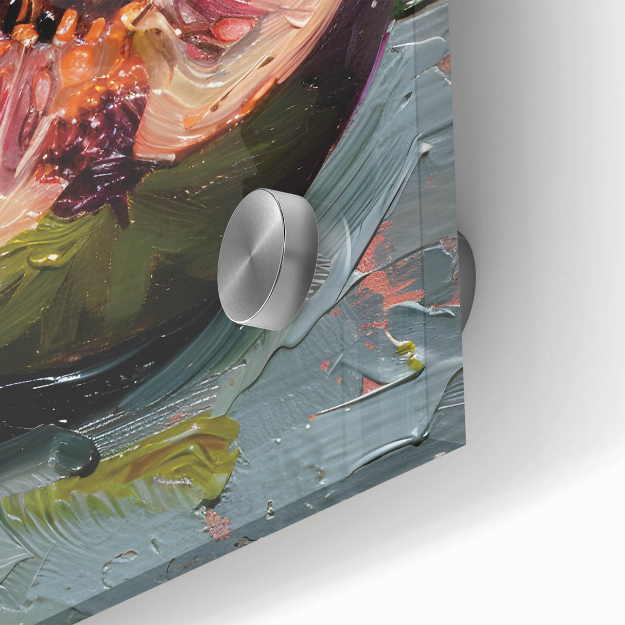 Large acrylic glass print of abstract fruits in vibrant colors.