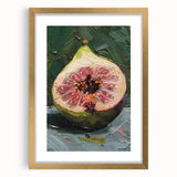Extra large abstract art print of textured fruits in vibrant colors, framed in gold, ideal for living room decor.