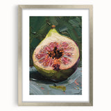 Textured art depicting an abstract arrangement of various fruits in muted earth tones, framed in silver.