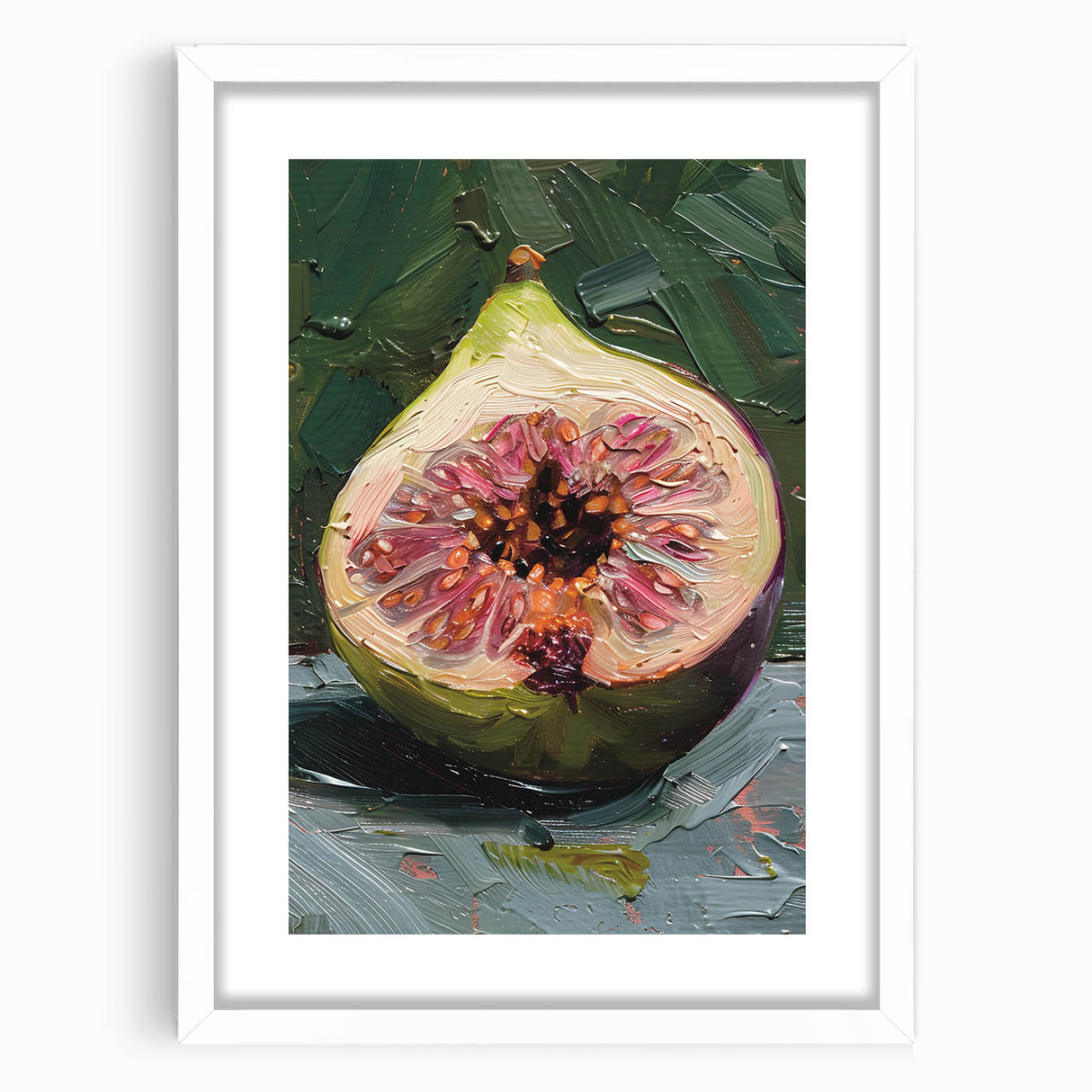 Abstract art print of assorted fruits in vibrant colors on a white framed poster, ideal for dining room decor.