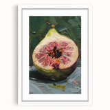 Abstract art print of assorted fruits in vibrant colors on a white framed poster, ideal for dining room decor.