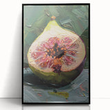 Large abstract wall art featuring assorted fruits in bold colors on a black acrylic framed print.