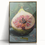 Large art print of assorted fruits in vibrant colors on a gold-framed acrylic, styled in mid-century modernist art.