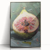 Mid-century modernist art featuring assorted fruits in vibrant colors on a silver-framed acrylic print.