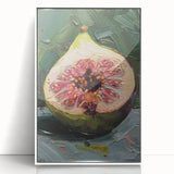 Art Deco poster featuring an array of fruits in vibrant colors on a white acrylic framed print.