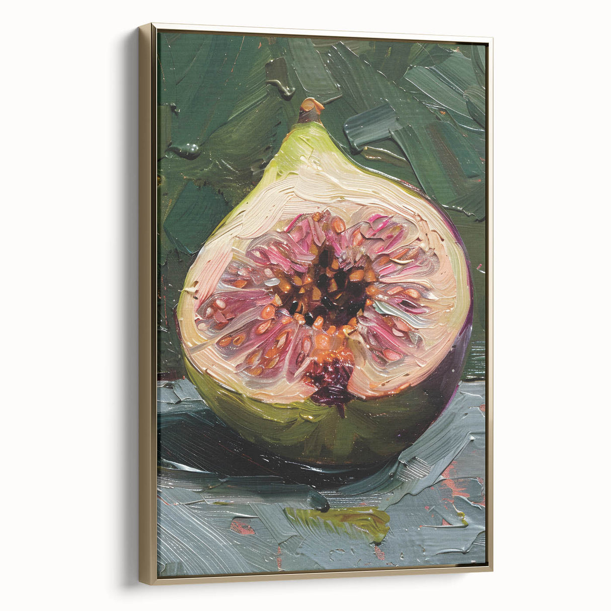 Framed canvas featuring a vintage-style landscape painting of fruits in muted gold and black tones.