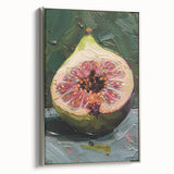 Framed canvas featuring vintage poster art of colorful fruits and vegetables on a black background, ideal for kitchen decor.