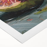 Art deco poster of assorted fruits in vibrant colors on rolled canvas, suitable for dining room wall art.