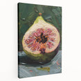 Large art depicting assorted fruits in vibrant colors on a stretched canvas, ideal for kitchen wall decor.